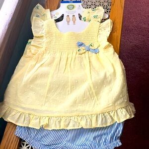 Yellow Baby Dress with Blue Striped Bloomers,& a one piece romper.